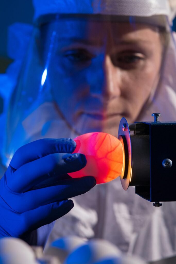 Scientist analyzing egg using candling technique in a controlled lab environment.