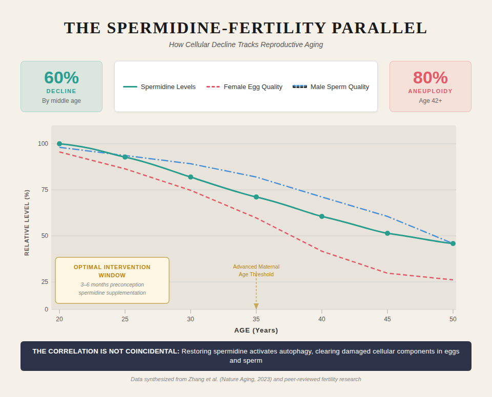 Spermidine-Fertility Parallel infographic showing how declining natural spermidine levels mirror egg quality and sperm quality decline with age – optimal 3-6 month preconception window for autophagy support with Liposomal Spermidine