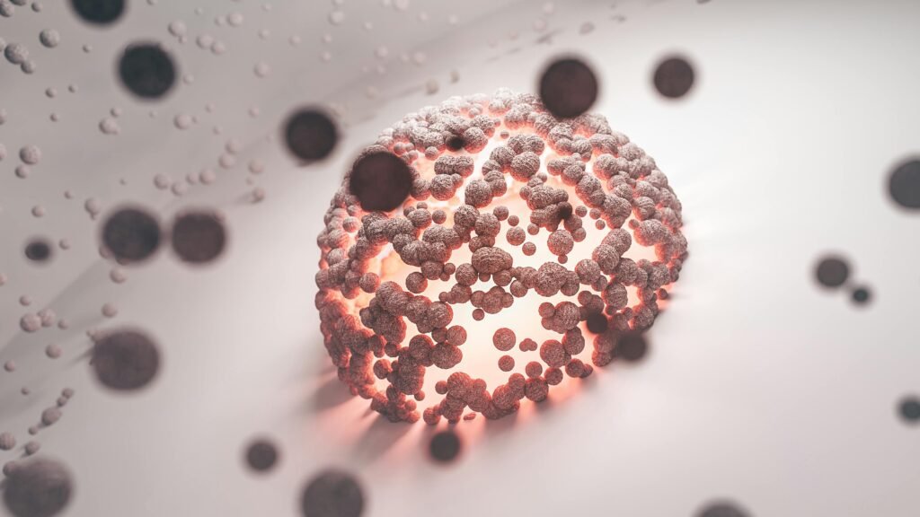 Intricate abstract representation of a cellular structure with a glowing core on a white background.