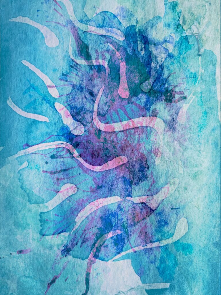 Dynamic abstract watercolor art with blue and purple patterns on textured paper.